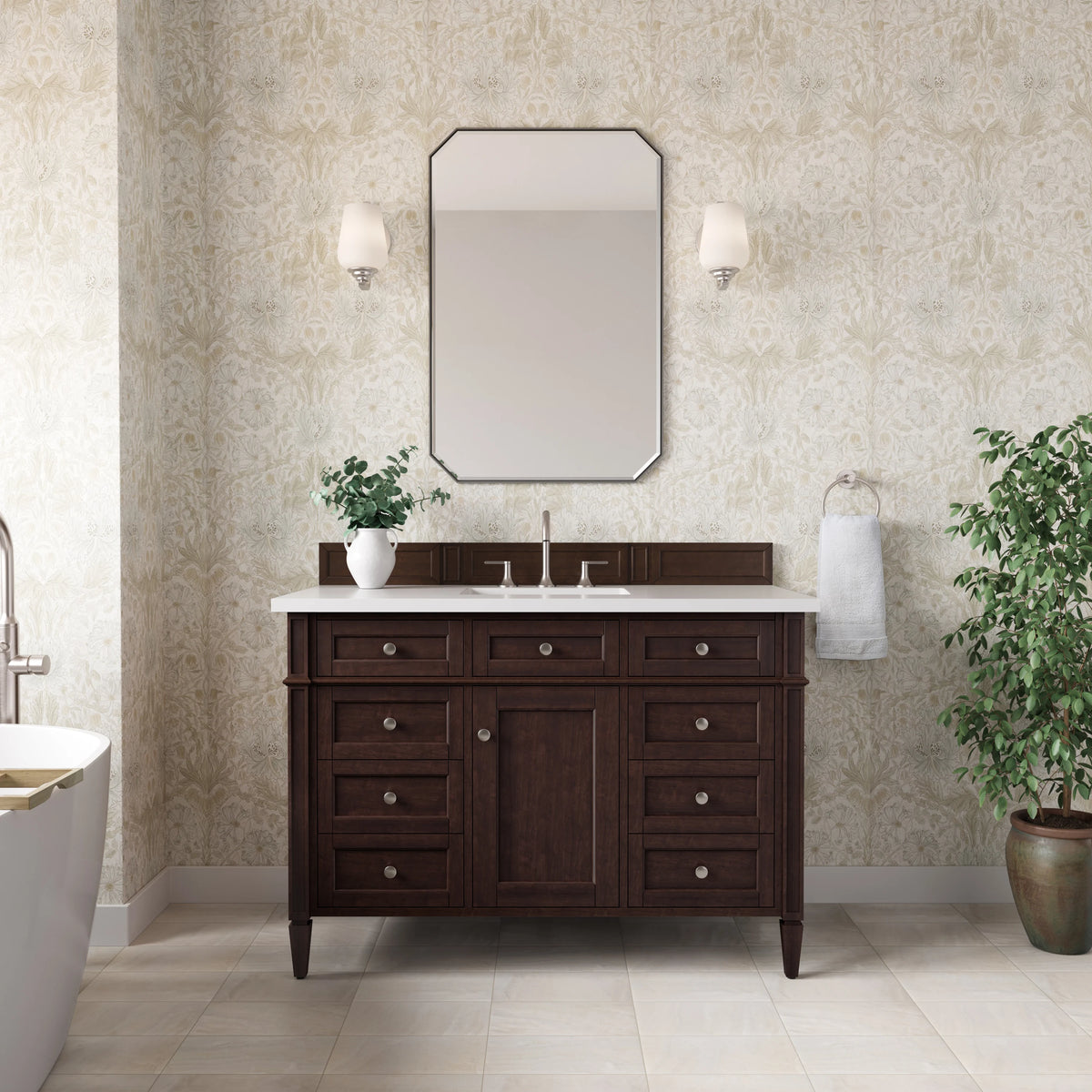 Brittany 48" Single Vanity, Burnished Mahogany w/ 3 CM White Zeus Silestone Top, view 3