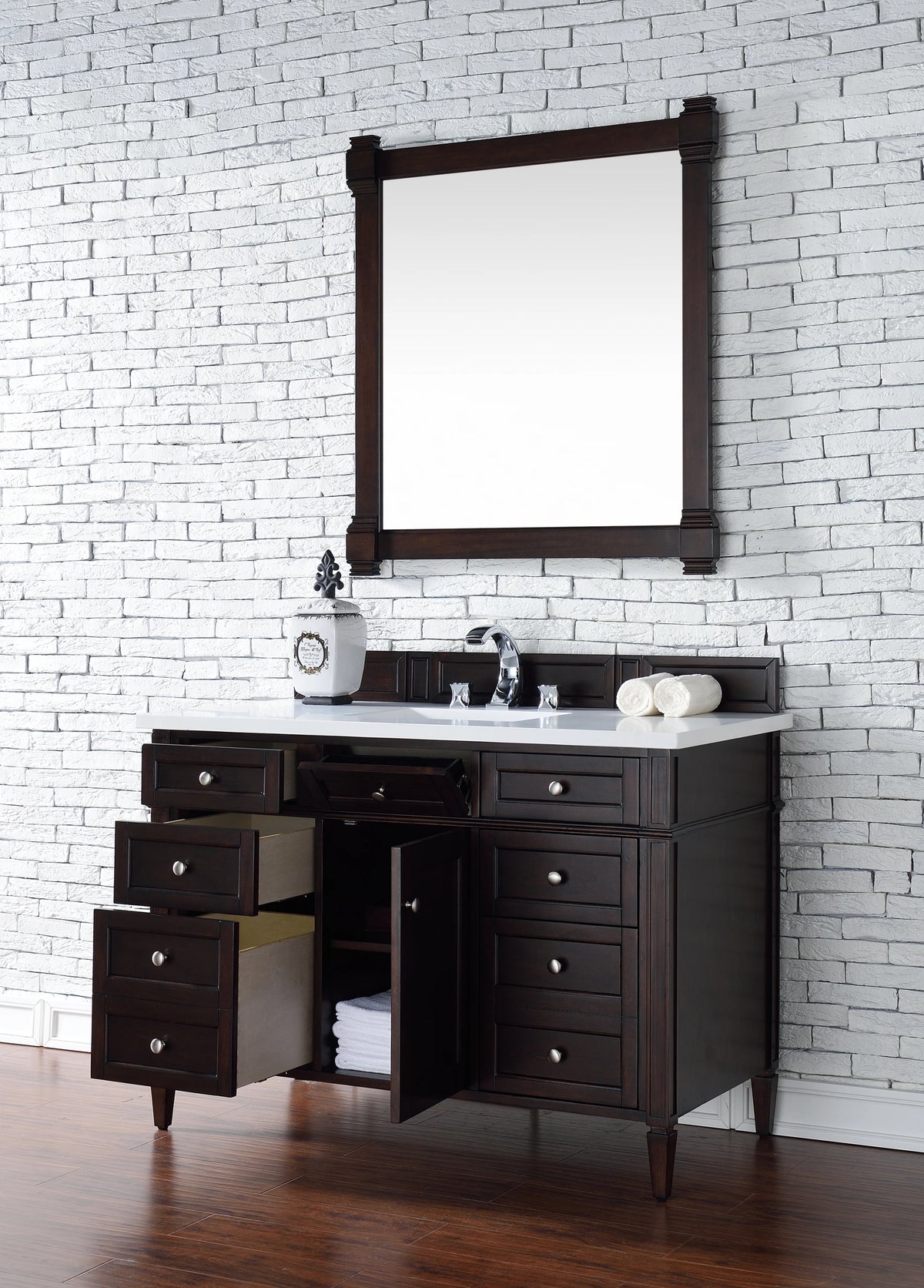 Brittany 48" Single Vanity, Burnished Mahogany w/ 3 CM White Zeus Silestone Top, view 5