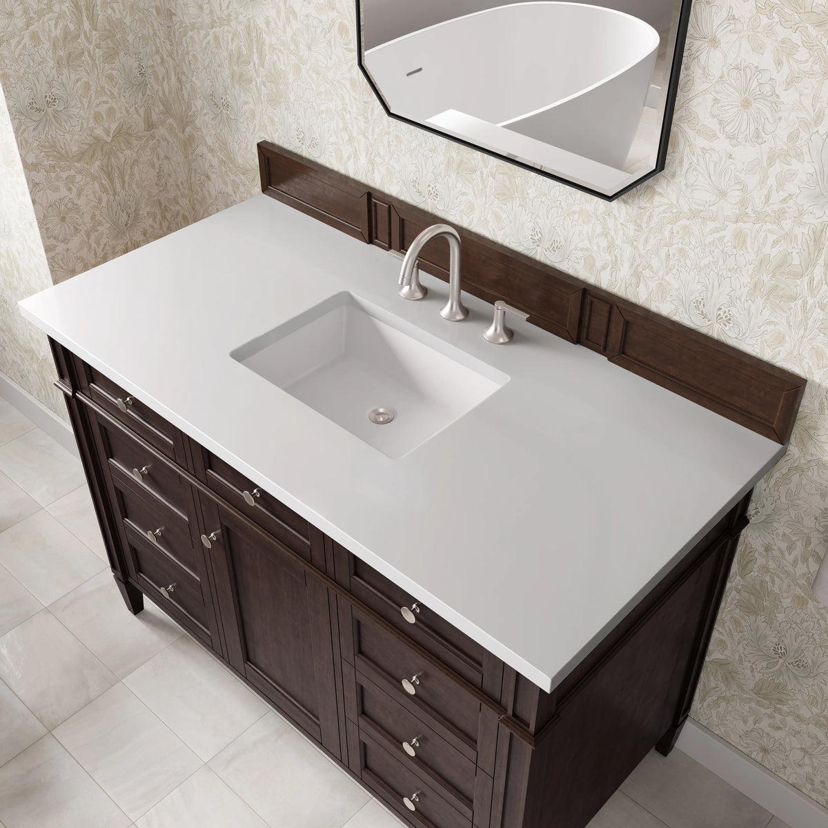 Brittany 48" Single Vanity, Burnished Mahogany w/ 3 CM White Zeus Silestone Top, view 7