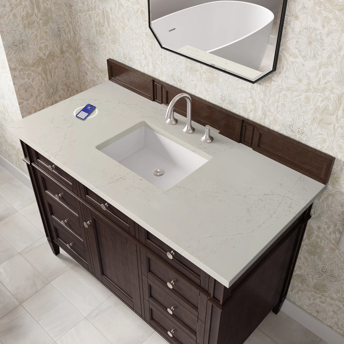 Brittany 48" Single Vanity, Burnished Mahogany, w/ 3 CM Siberian Silestone Top w/FreePower Wireless Charger, view 8
