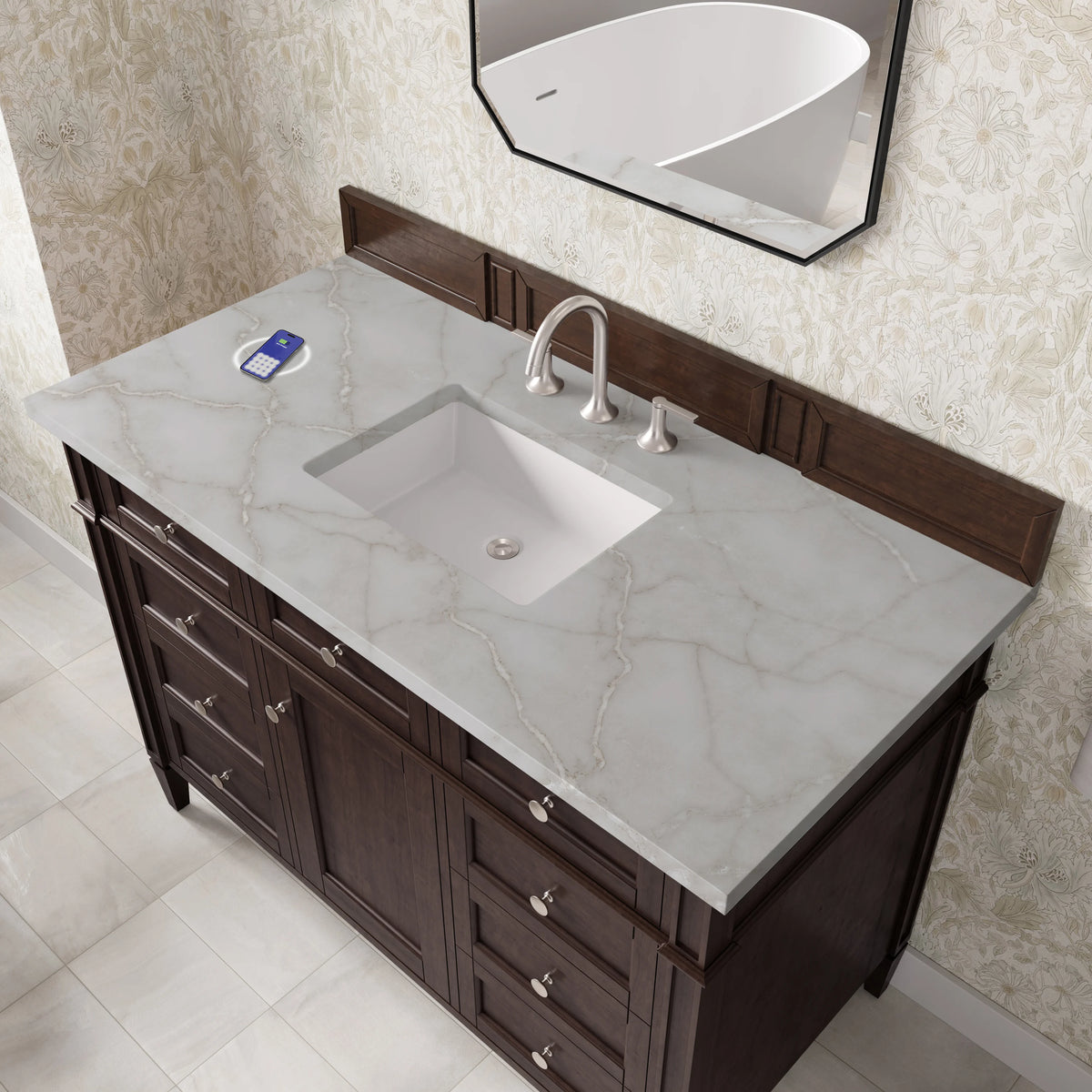 Brittany 48" Single Vanity, Burnished Mahogany w/ 3 CM Victorian Silver Silestone Top w/FreePower Wireless Char, view 9