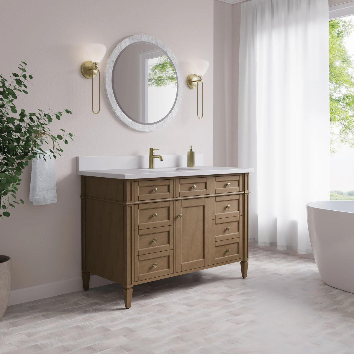 Brittany 48" Single Vanity, Pecan w/ Single Hole 3 CM White Zeus Silestone Top and Matching Backsplash, view 4