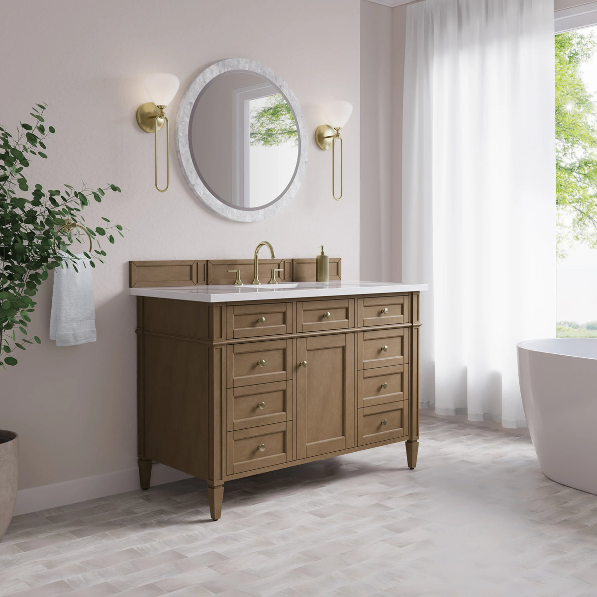 Brittany 48" Single Vanity, Pecan w/ 3 CM White Zeus Silestone Top, view 4