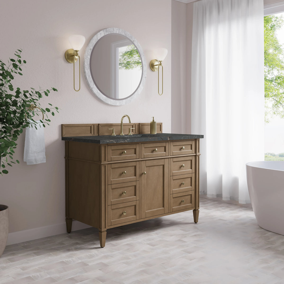 Brittany 48" Single Vanity, Pecan w/ 3 CM Parisien Bleu Silestone Top w/FreePower Wireless Charger, view 5