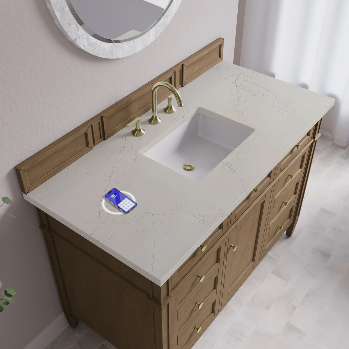 Brittany 48" Single Vanity, Pecan w/ 3 CM Siberian Silestone Top w/FreePower Wireless Charger, view 10