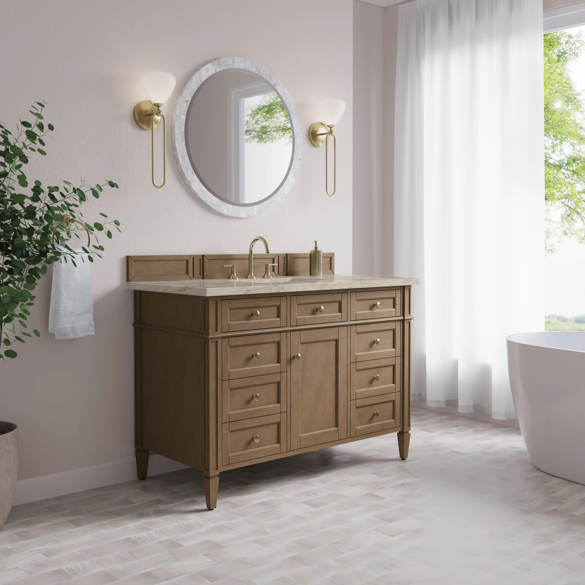Brittany 48" Single Vanity, Pecan w/ 3 CM Tajnar Eclos Top w/FreePower Wireless Charger, view 6