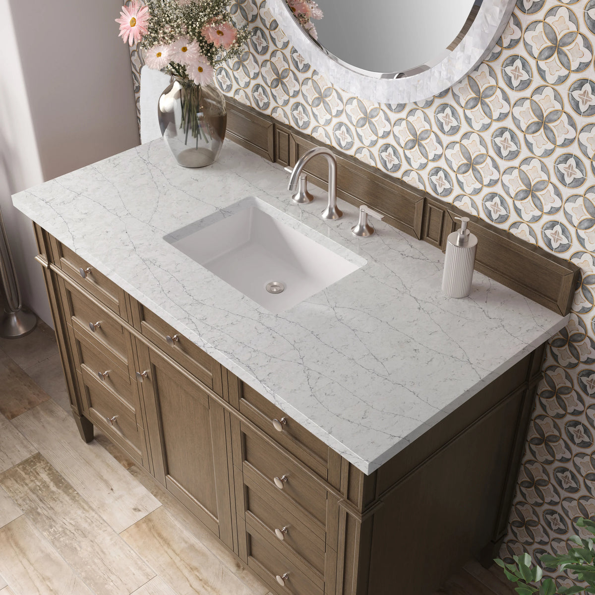 Brittany 48" Single Vanity, Saddle Brown w/ 3 CM Eternal Jasmine Pearl Silestone Top, view 7
