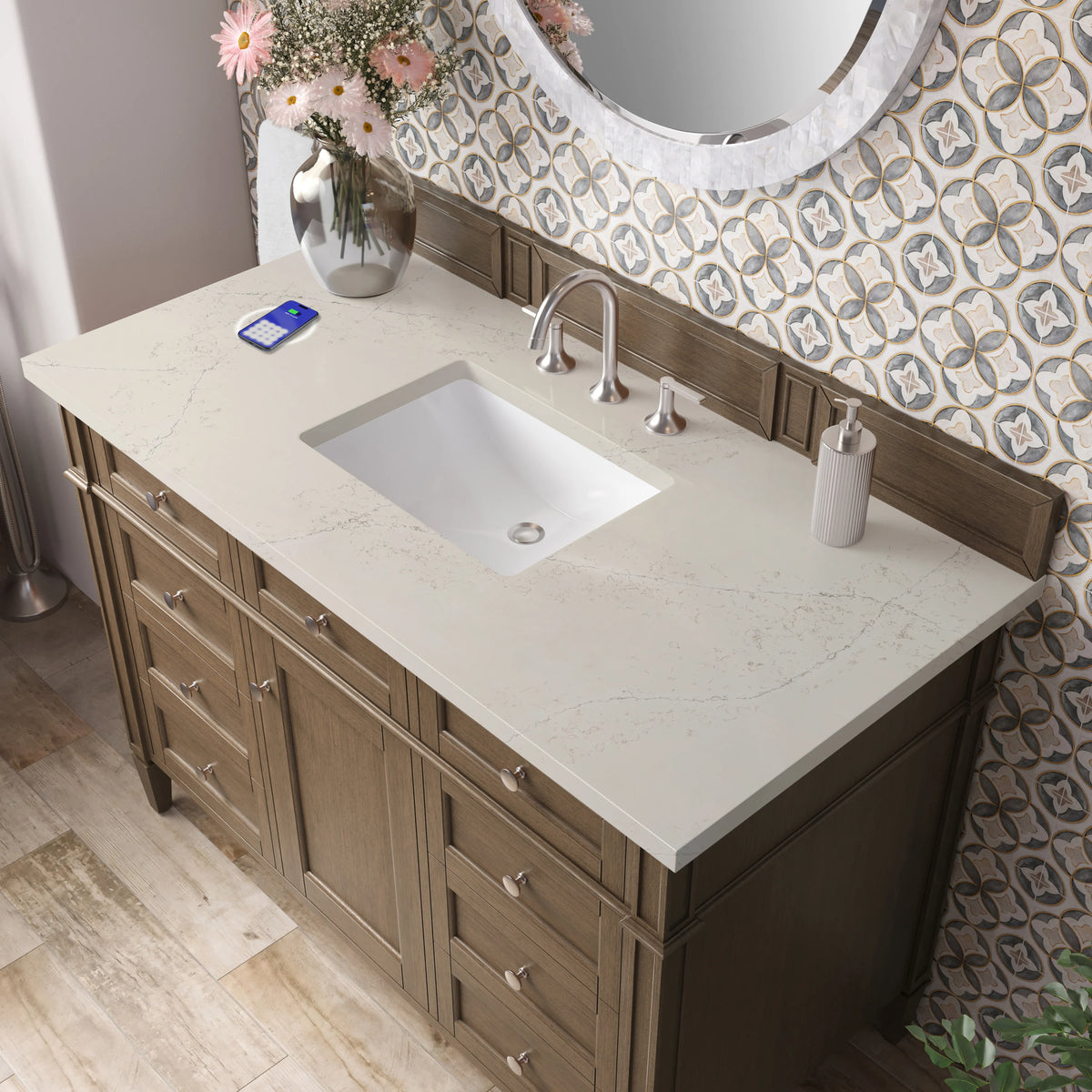Brittany 48" Single Vanity, Saddle Brown, w/ 3 CM Siberian Silestone Top w/FreePower Wireless Charger, view 8