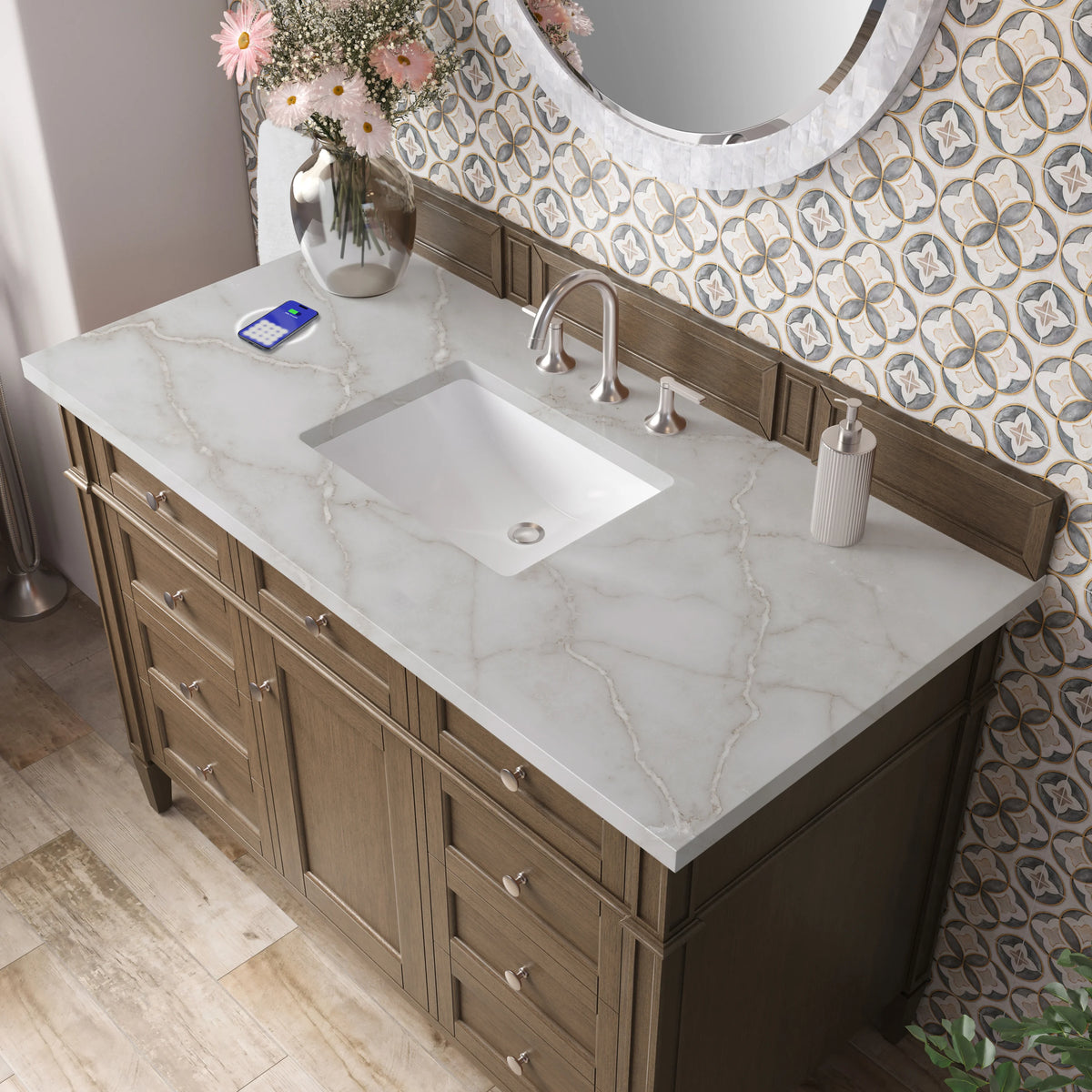 Brittany 48" Single Vanity, Saddle Brown w/ 3 CM Victorian Silver Silestone Top w/FreePower Wireless Charger, view 10