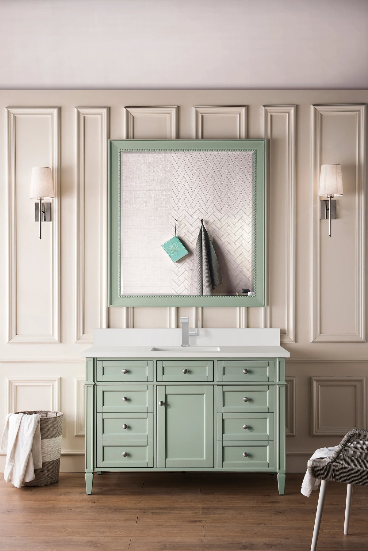 Brittany 48" Single Vanity, Sage Green w/ Single Hole 3 CM White Zeus Silestone Top & Backsplash, view 3