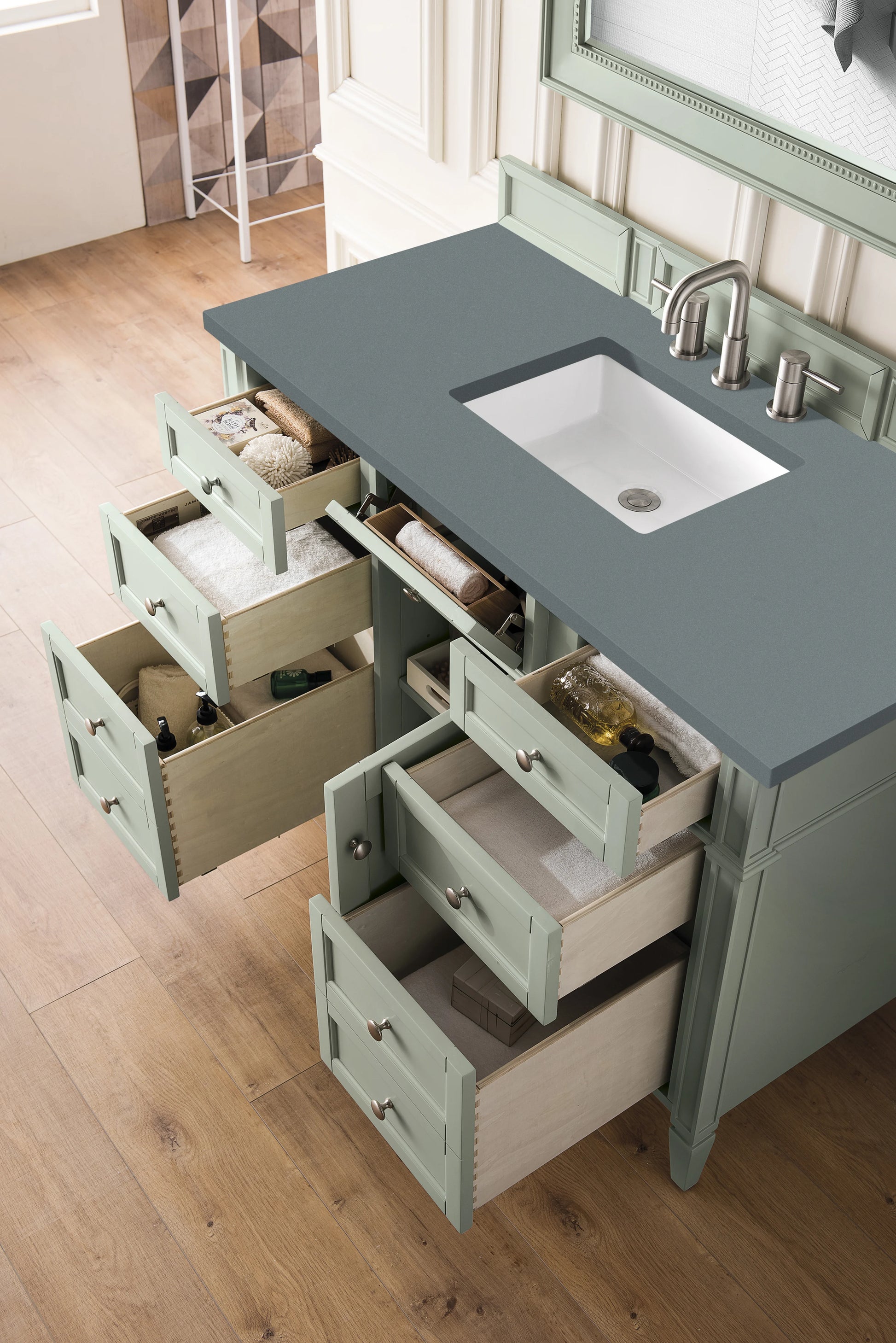 Renovate for Less Atlanta Brittany 48" Single Vanity, Sage Green w/ 3 CM Cala Blue Silestone Top, view 5