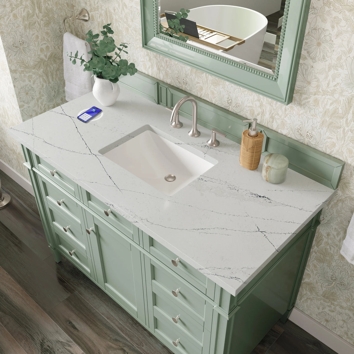 Brittany 48" Single Vanity, Sage Green w/ 3 CM Ethereal Noctis Silestone Top w/FreePower Wireless Charger, view 10