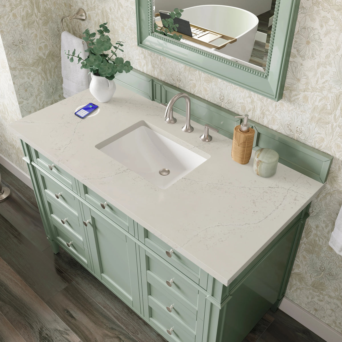 Brittany 48" Single Vanity, Sage Green, w/ 3 CM Siberian Silestone Top w/FreePower Wireless Charger, view 8
