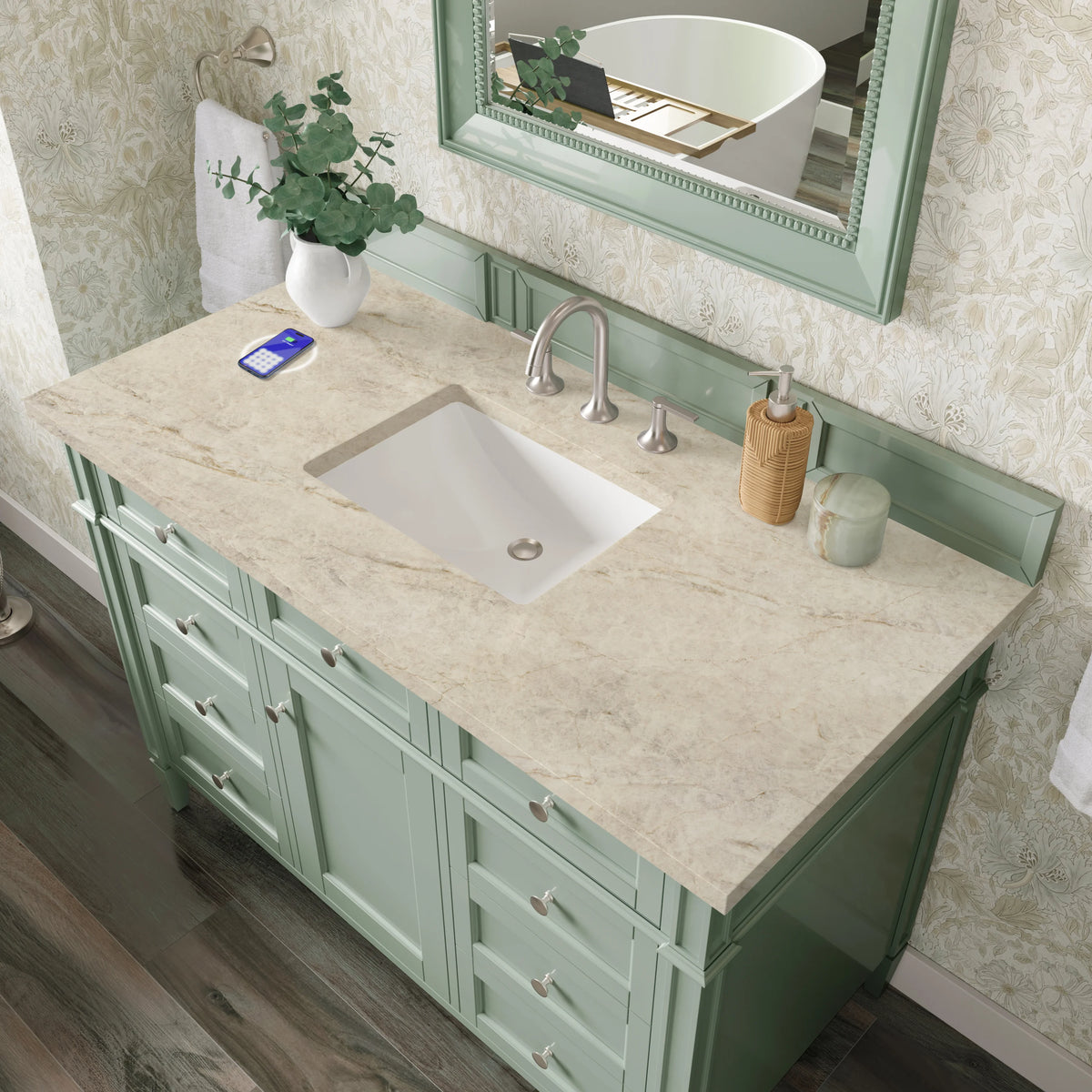 Brittany 48" Single Vanity, Sage Green, w/ 3 CM Tajnar Eclos Top w/FreePower Wireless Charger, view 8