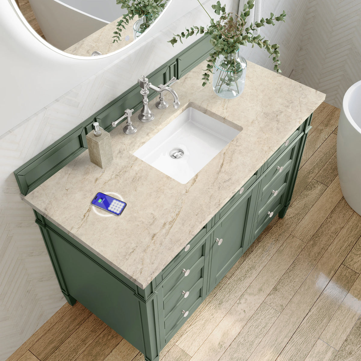 Brittany 48" Single Vanity, Smokey Celadon, w/ 3 CM Tajnar Eclos Top w/FreePower Wireless Charger, view 8