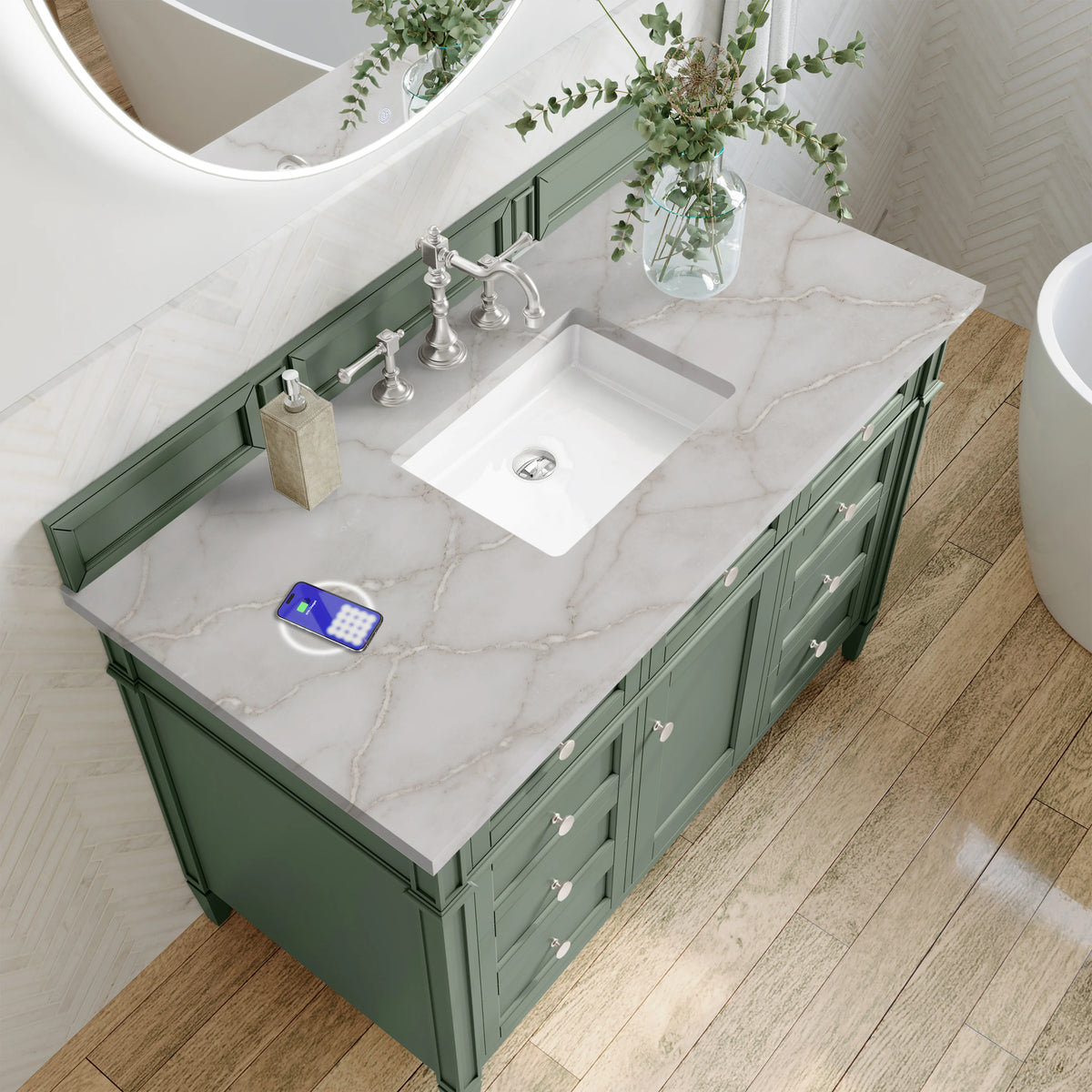 Brittany 48" Single Vanity, Smokey Celadon w/ 3 CM Victorian Silver Top w/FreePower Wireless Charger, view 9
