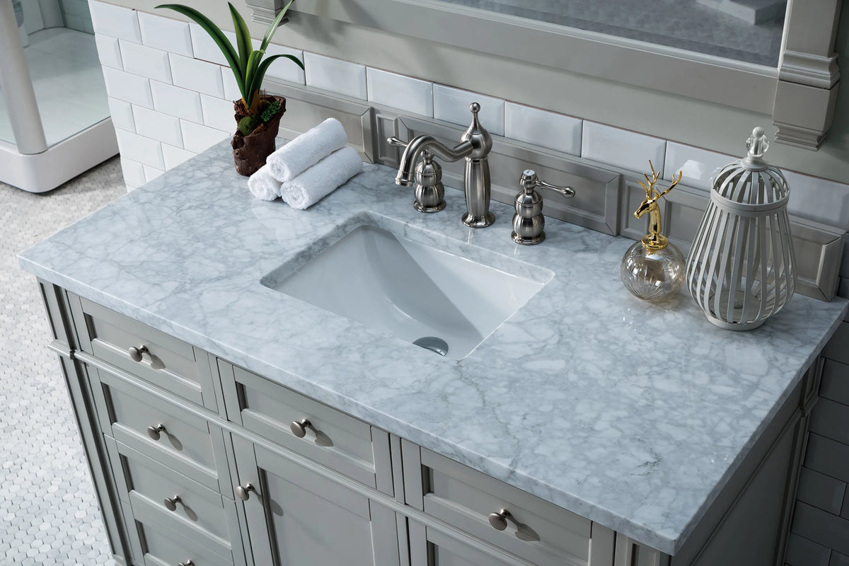 Brittany 48" Single Vanity, Urban Gray w/ 3 CM Carrara Marble Top, view 6