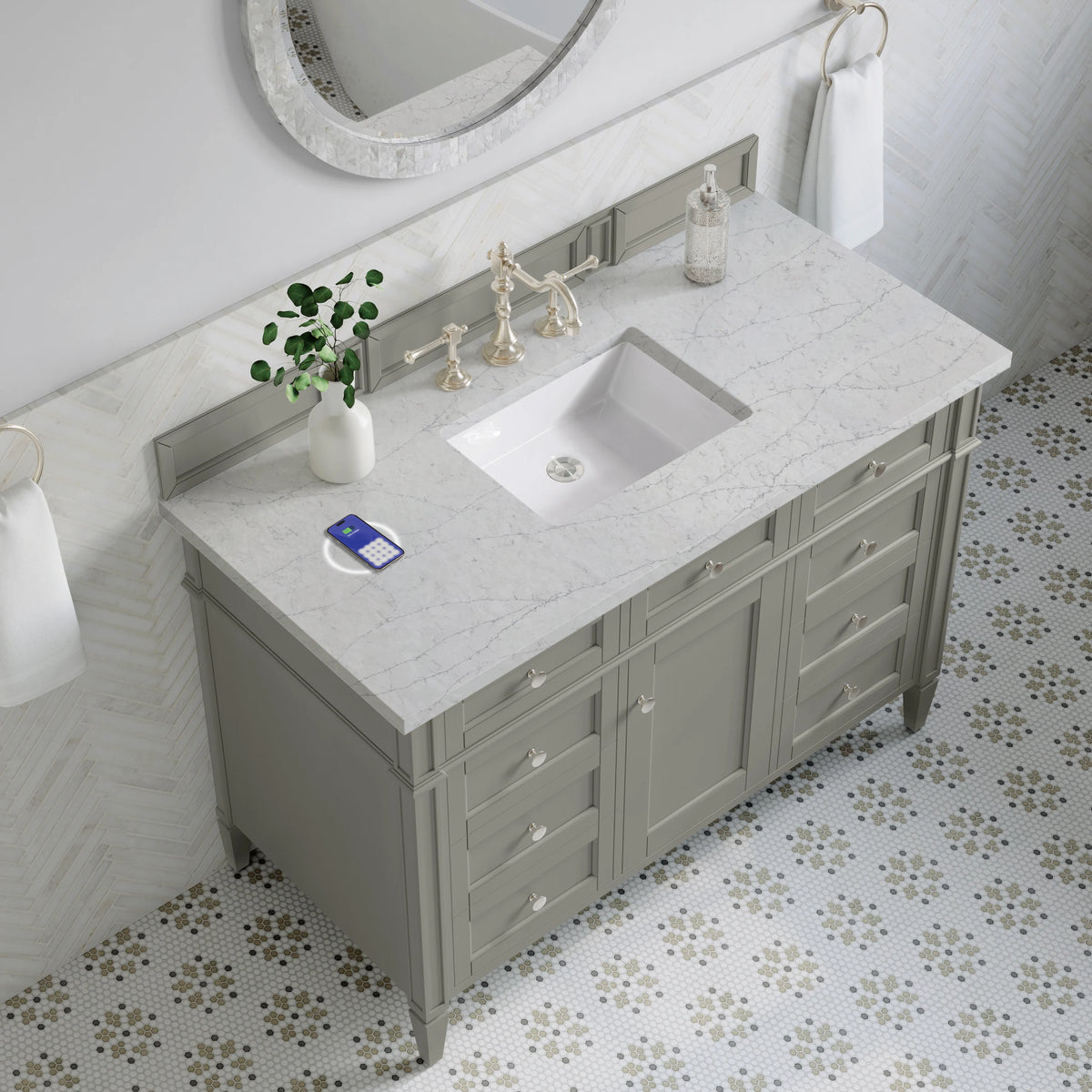 Brittany 48" Single Vanity, Urban Gray w/ 3 CM Eternal Jasmine Pearl Silestone Top w/FreePower Wireless Charger, view 10