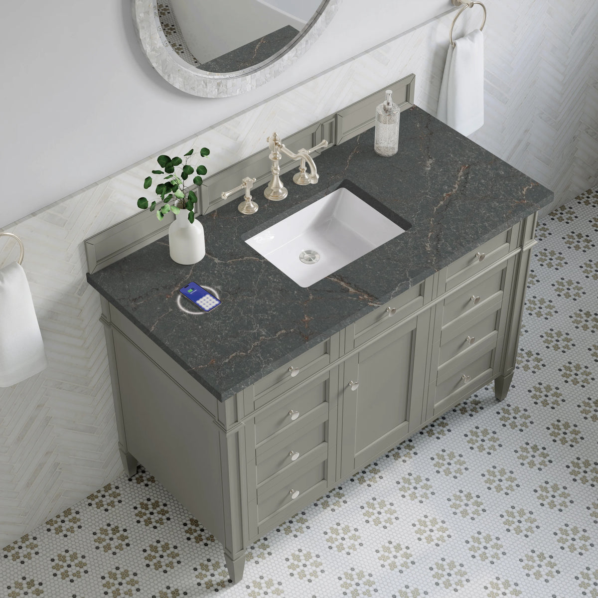 Brittany 48" Single Vanity, Urban Gray w/ 3 CM Parisien Bleu Silestone Top w/FreePower Wireless Charger, view 10