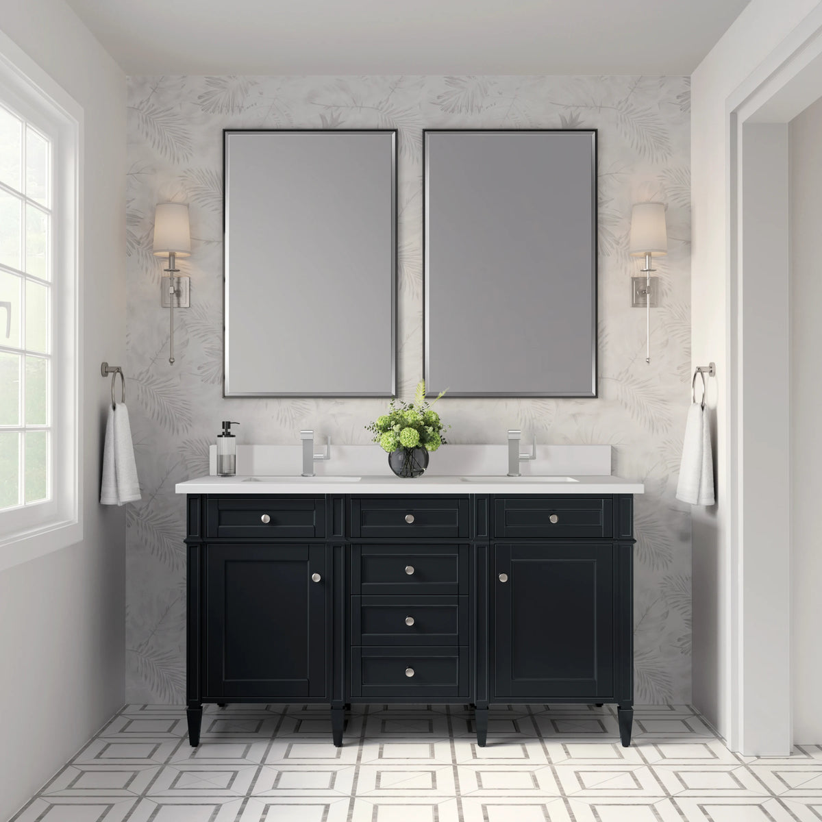 Brittany 60" Double Vanity, Black Onyx w/ Single Hole 3 CM White Zeus Silestone Top & Backsplash, view 3
