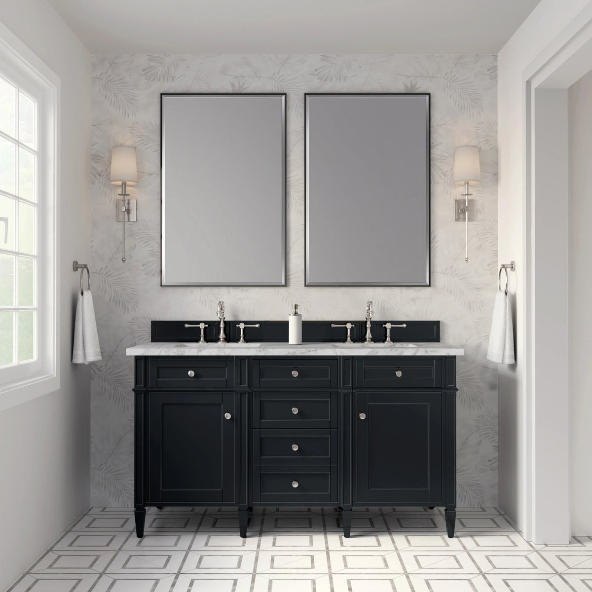 Brittany 60" Double Vanity, Black Onyx w/ 3 CM Carrara Marble Top, view 3