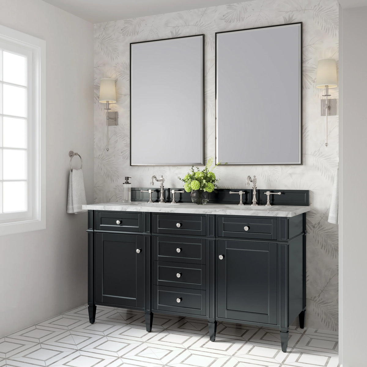 Brittany 60" Double Vanity, Black Onyx w/ 3 CM Carrara Marble Top, view 4
