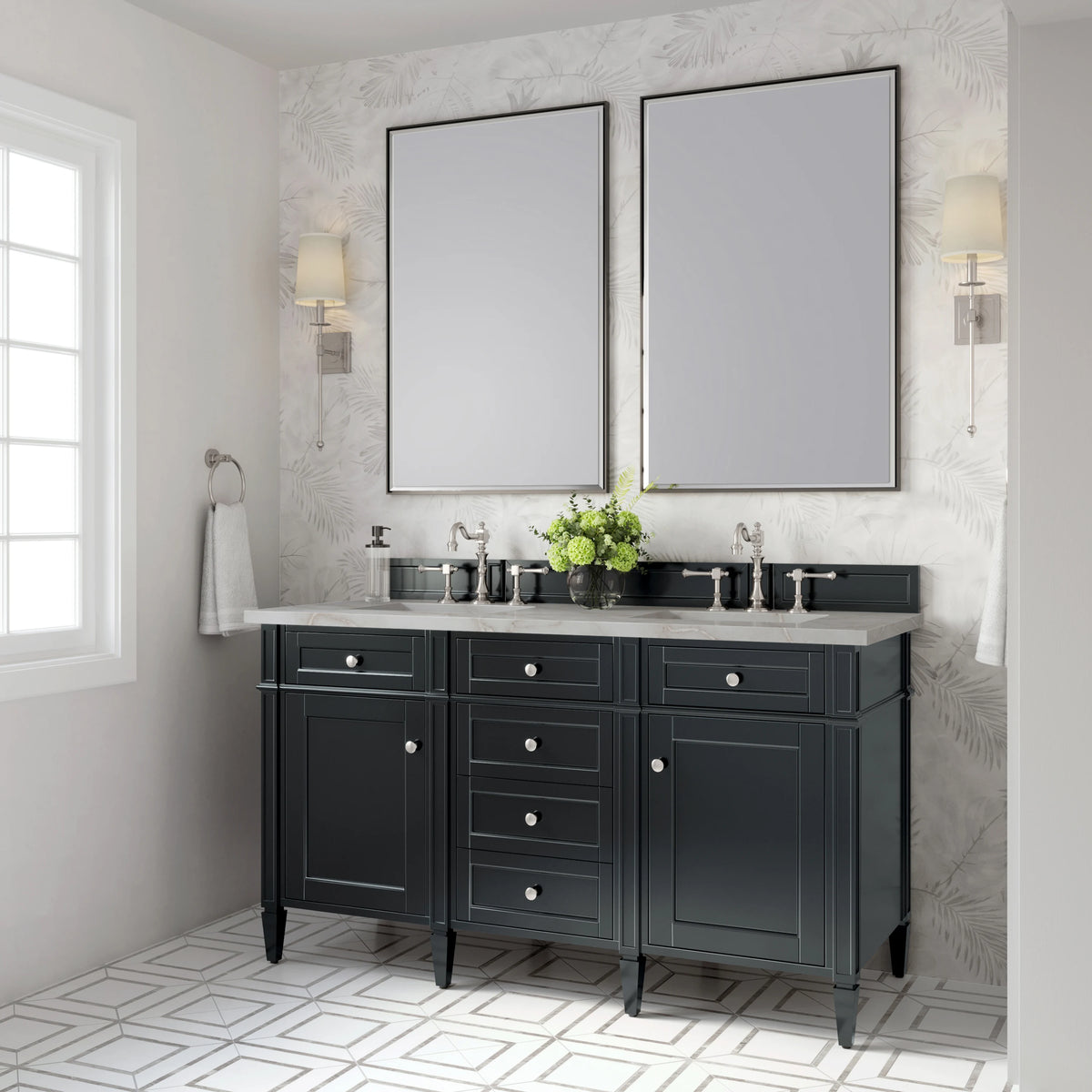 Brittany 60" Double Vanity, Black Onyx w/ 3 CM Victorian Silver Silestone Top, view 4