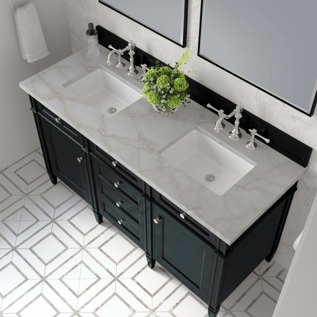 Brittany 60" Double Vanity, Black Onyx w/ 3 CM Victorian Silver Silestone Top, view 7