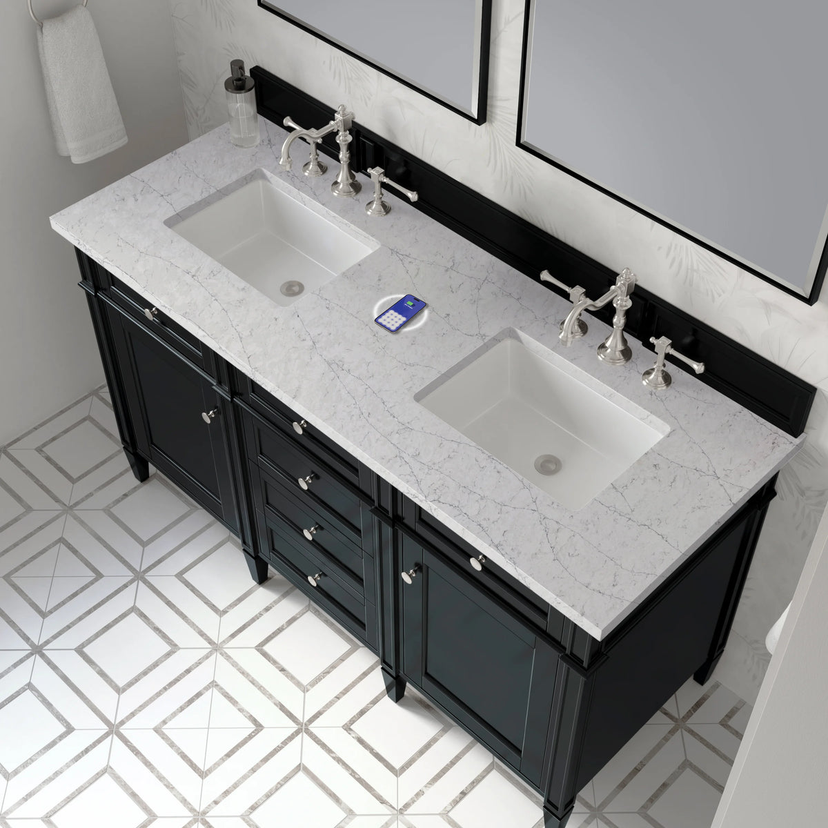 Brittany 60" Double Vanity, Black Onyx w/ 3 CM Eternal Jasmine Pearl Silestone Top w/FreePower Wireless Charger, view 10