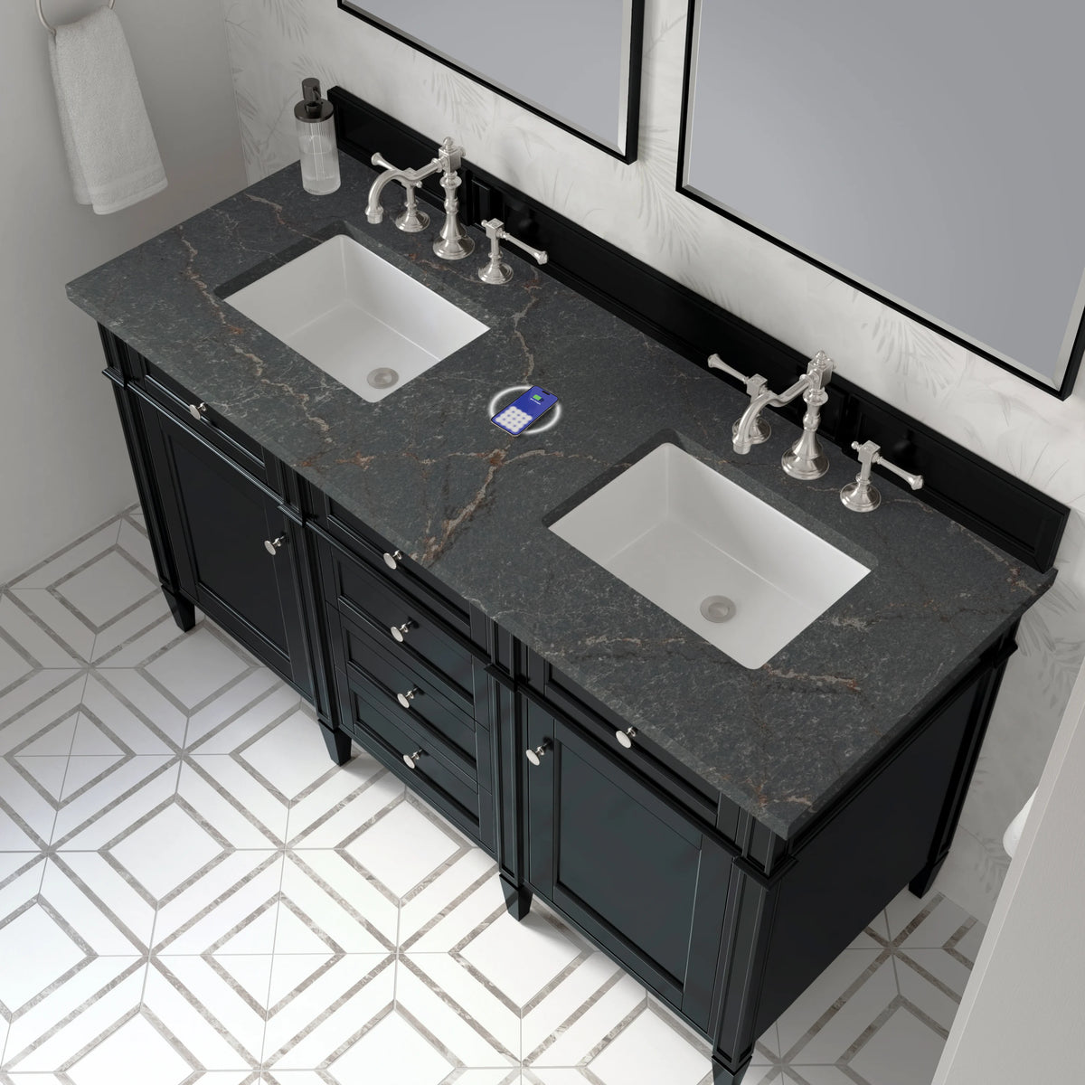 Brittany 60" Double Vanity, Black Onyx w/ 3 CM Parisien Bleu Silestone Top w/FreePower Wireless Charger, view 10