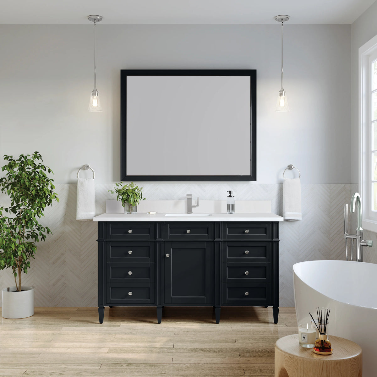 Brittany 60" Single Vanity, Black Onyx w/ Single Hole 3 CM White Zeus Silestone Top & Backsplash, view 3