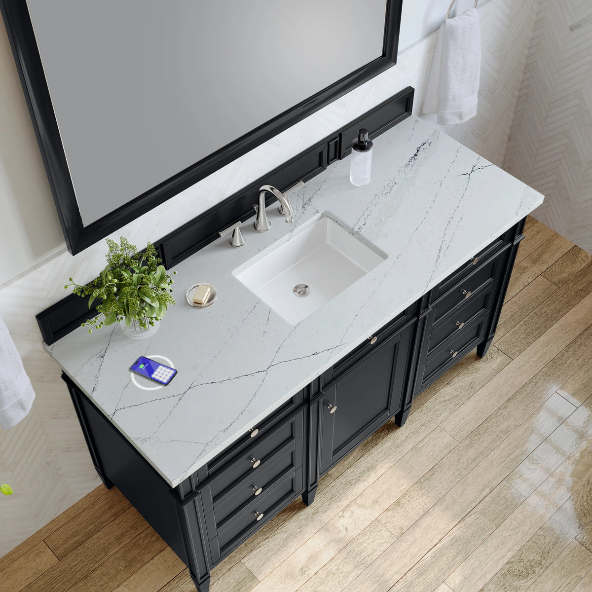 Brittany 60" Single Vanity, Black Onyx, w/ 3 CM Ethereal Noctis Silestone Top w/FreePower Wireless Charger, view 10