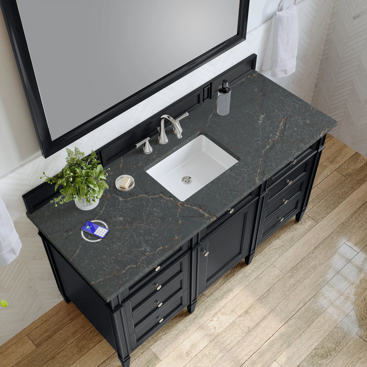 Brittany 60" Single Vanity, Black Onyx w/ 3 CM Parisien Bleu Silestone Top w/FreePower Wireless Charger, view 10