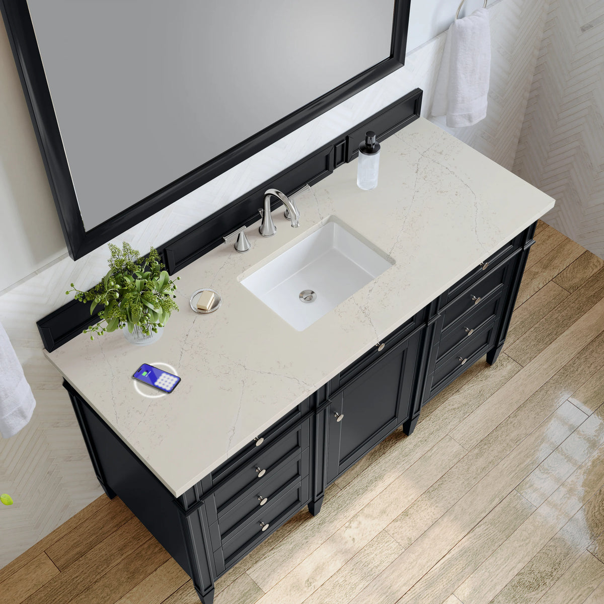 Brittany 60" Single Vanity, Black Onyx, w/ 3 CM Siberian Silestone Top w/FreePower Wireless Charger, view 8