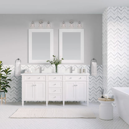 Brittany 60" Double Vanity, Bright White Vanity w/ Single Hole 3 CM White Zeus Silestone Top & Backsplash, view 3