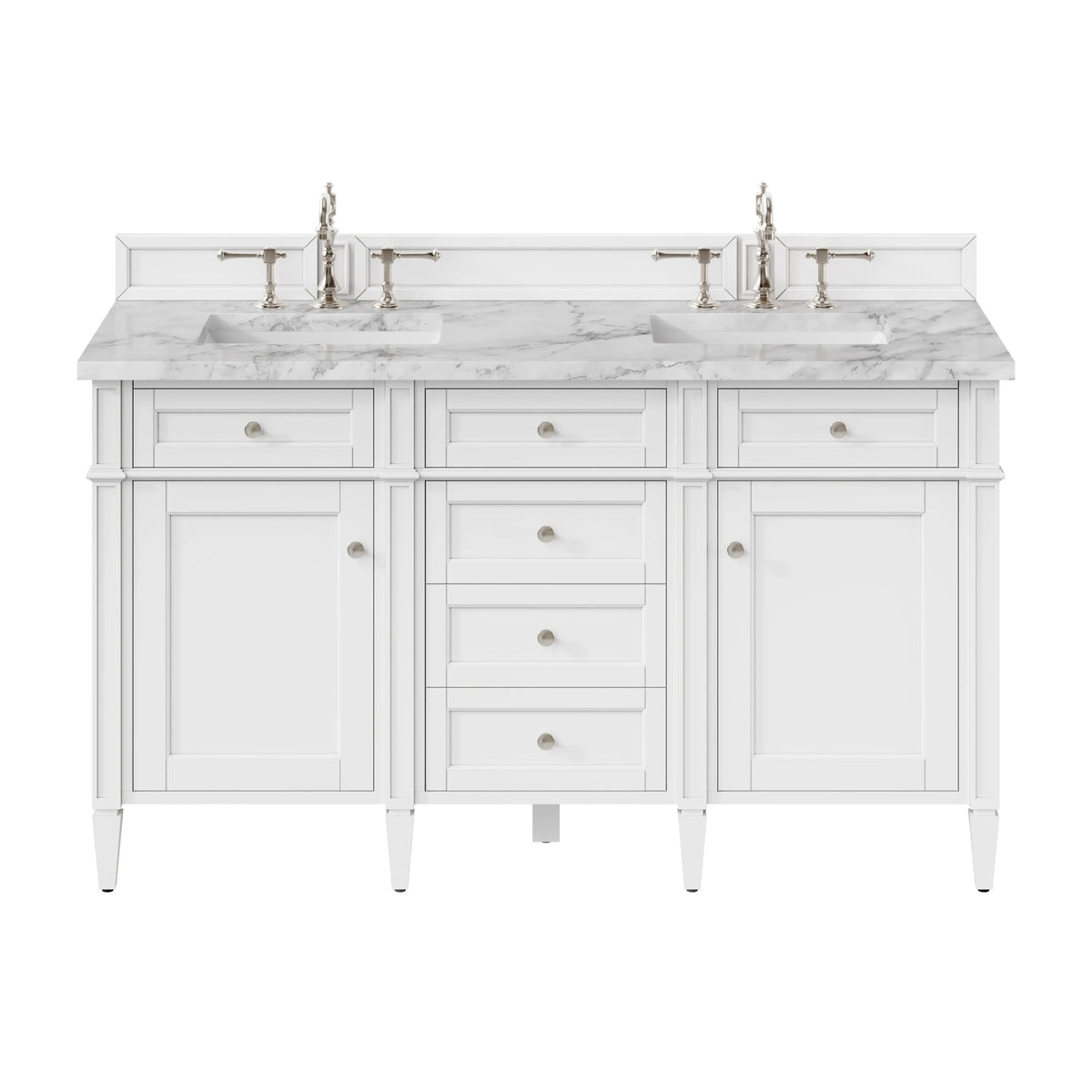 Brittany 60" Double Vanity, Bright White Vanity w/ 3 CM Carrara Marble Top