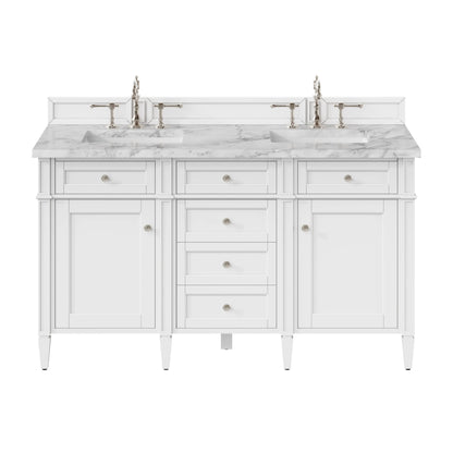 Brittany 60" Double Vanity, Bright White Vanity w/ 3 CM Carrara Marble Top
