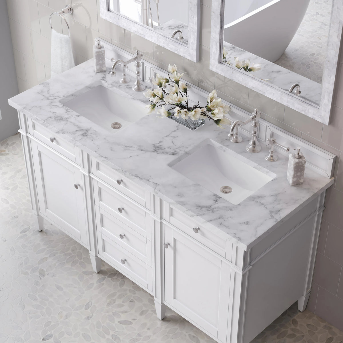 Brittany 60" Double Vanity, Bright White Vanity w/ 3 CM Carrara Marble Top, view 8