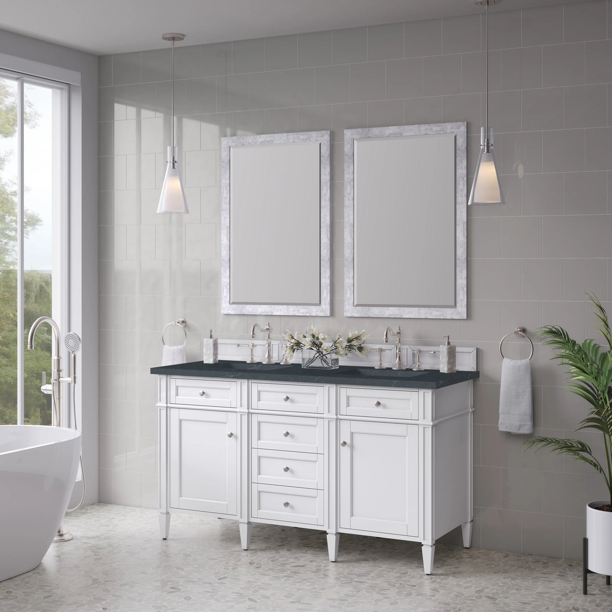 Brittany 60" Double Vanity, Bright White Vanity w/ 3 CM Charcoal Soapstone Silestone Top, view 4