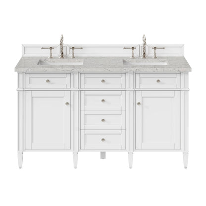 Brittany 60" Double Vanity, Bright White Vanity w/ 3 CM Eternal Jasmine Pearl Silestone Top
