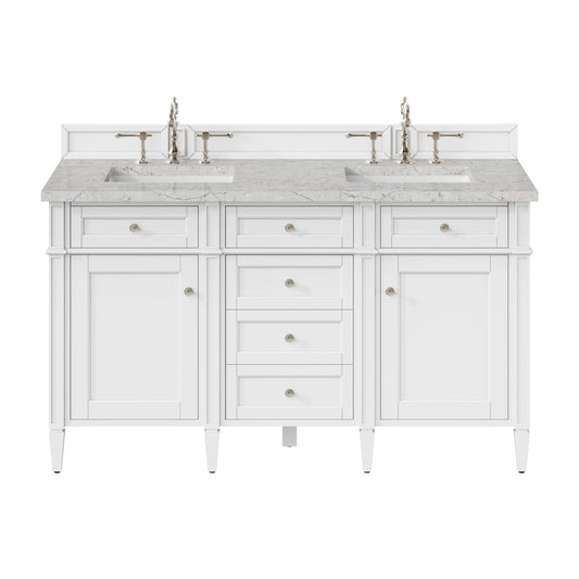 Brittany 60" Double Vanity, Bright White Vanity w/ 3 CM Eternal Jasmine Pearl Silestone Top
