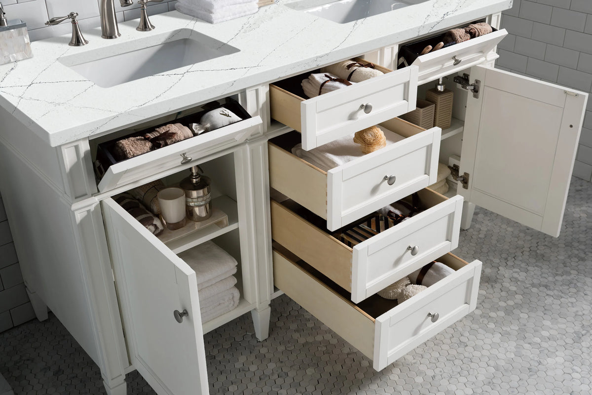 Brittany 60" Double Vanity, Bright White Vanity w/ 3 CM Ethereal Noctis Silestone Top, view 5
