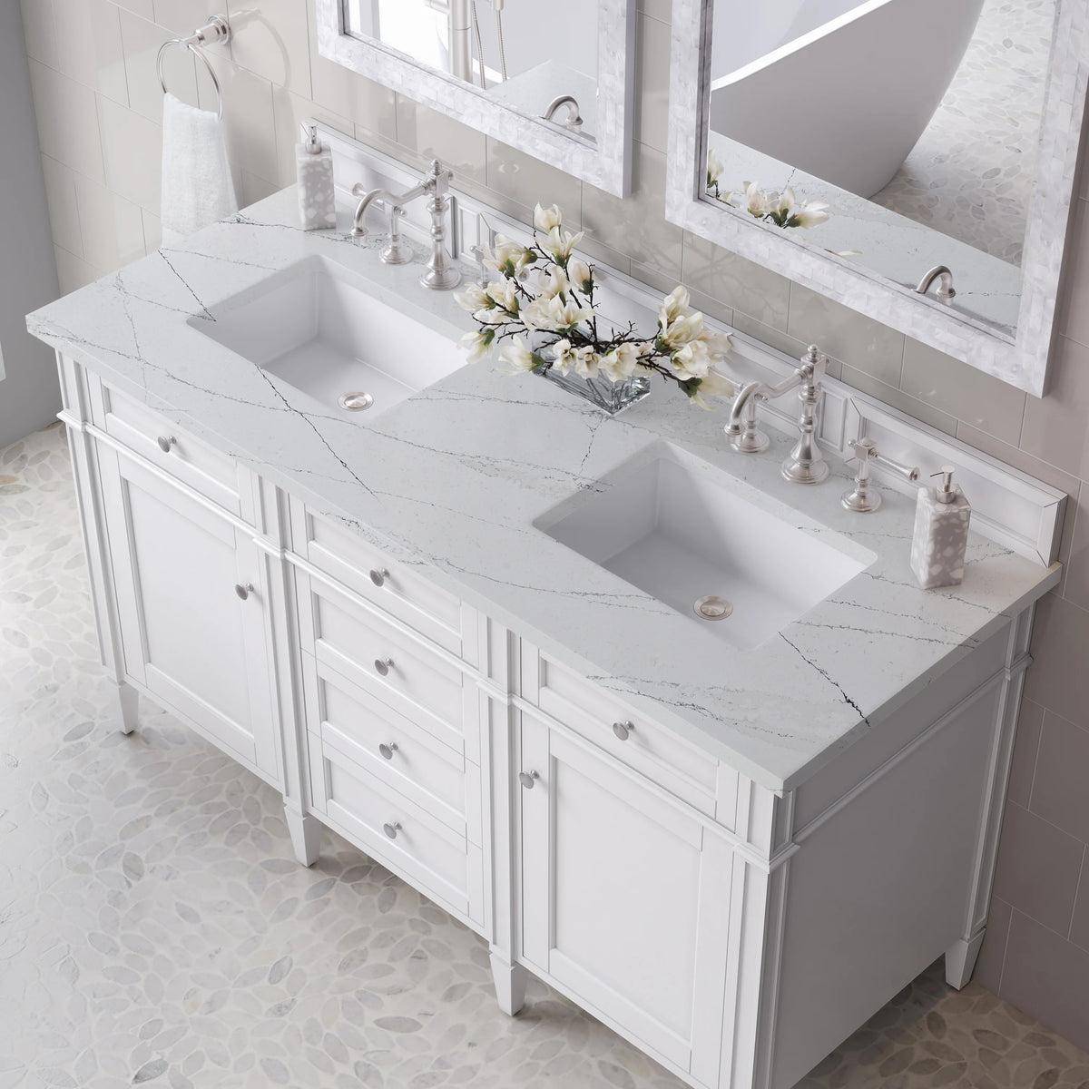 Brittany 60" Double Vanity, Bright White Vanity w/ 3 CM Ethereal Noctis Silestone Top, view 7
