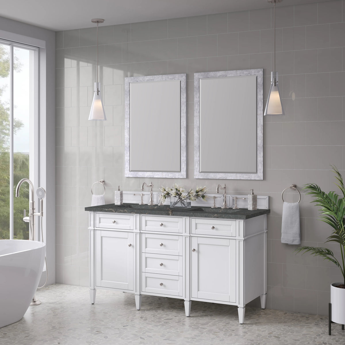 Brittany 60" Double Vanity, Bright White Vanity w/ 3 CM Parisien Bleu Silestone Top, view 4