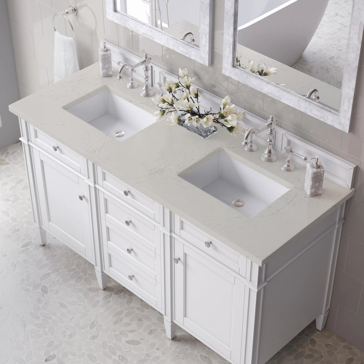 Brittany 60" Double Vanity in Bright White, w/ 3 CM Siberian Silestone Top, view 6
