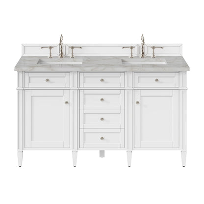 Brittany 60" Double Vanity, Bright White Vanity w/ 3 CM Victorian Silver Silestone Top
