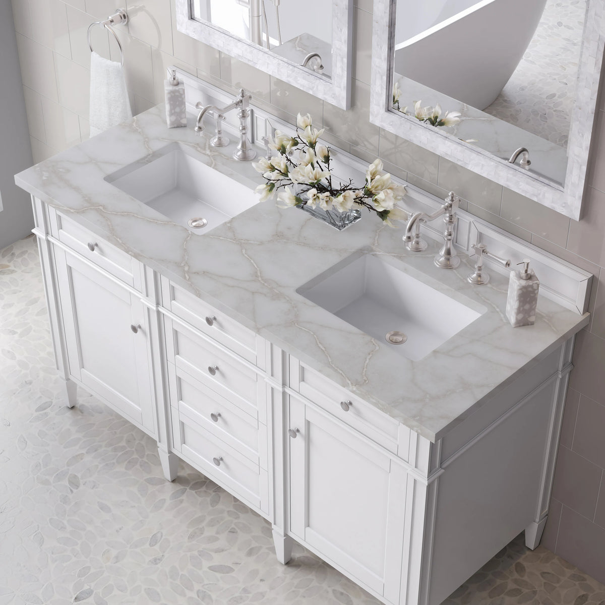 Brittany 60" Double Vanity, Bright White Vanity w/ 3 CM Victorian Silver Silestone Top, view 7
