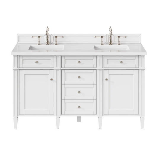 Brittany 60" Double Vanity, Bright White Vanity w/ 3 CM White Zeus Silestone Top
