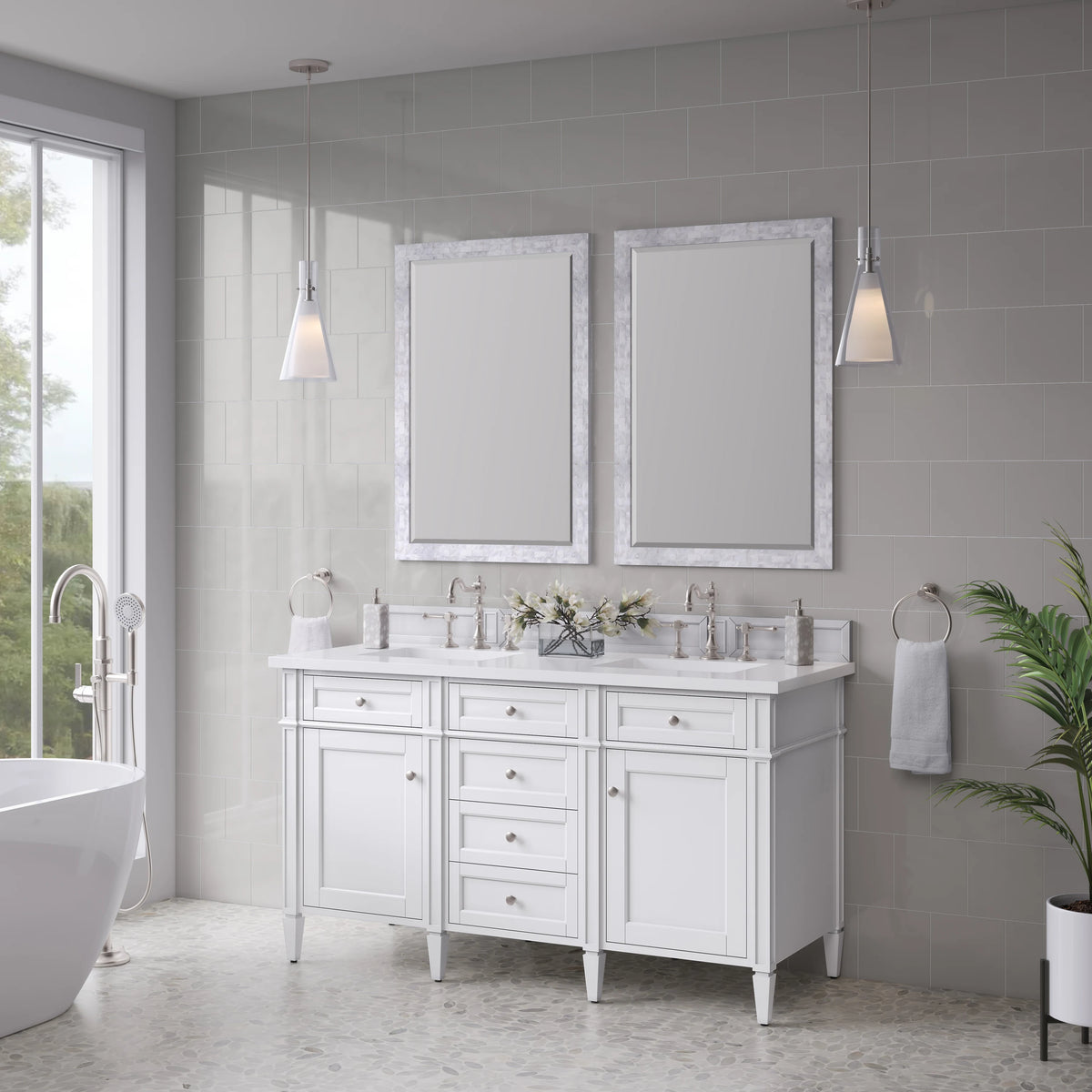 Brittany 60" Double Vanity, Bright White Vanity w/ 3 CM White Zeus Silestone Top, view 4