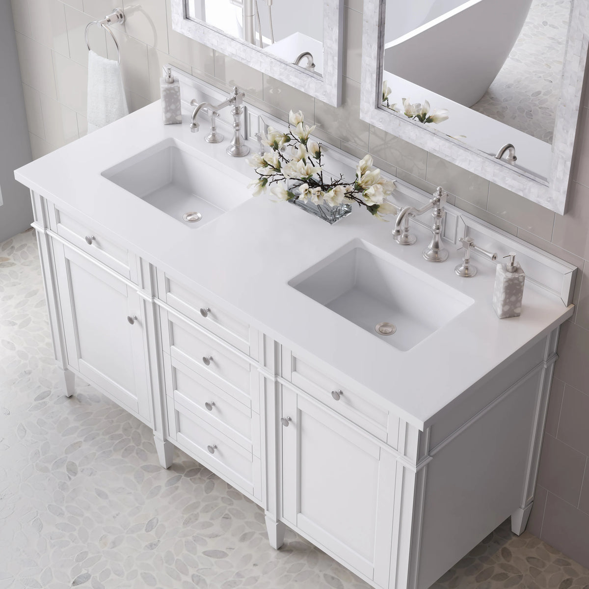 Brittany 60" Double Vanity, Bright White Vanity w/ 3 CM White Zeus Silestone Top, view 6
